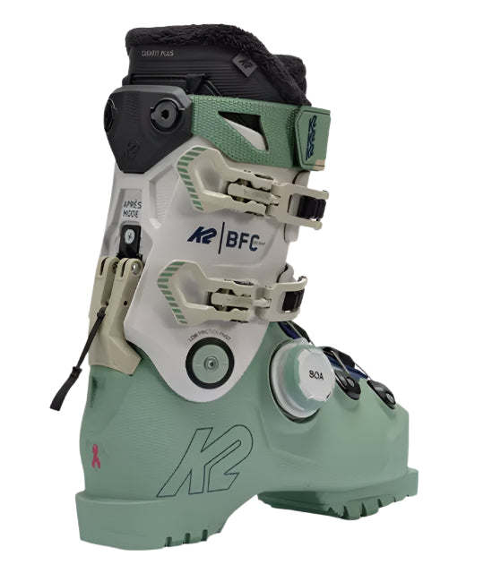 K2 Women's BFC 105 BOA ski boots feature a mint green color and distinctive red accents.