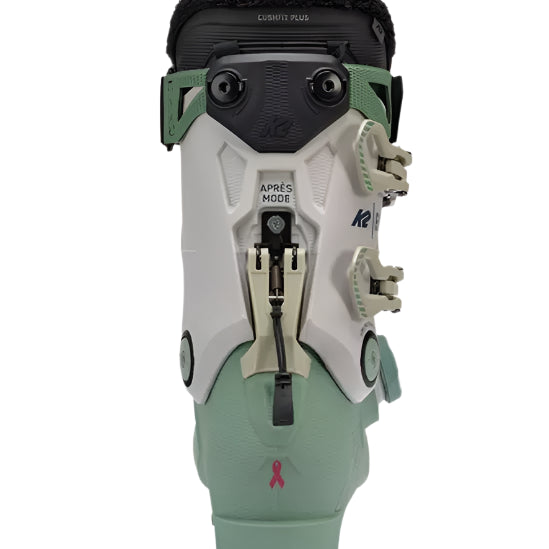 K2 Women's BFC 105 BOA ski boots feature a green and white color scheme with distinctive BOA lacing.