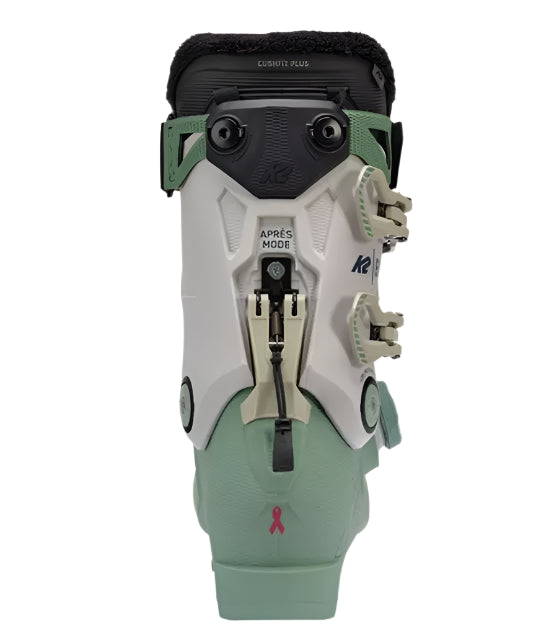K2 Women's BFC 105 BOA ski boots feature a green and white color scheme with distinctive BOA lacing.
