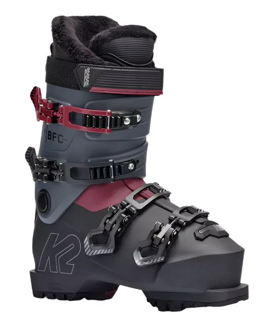 K2 Women's BFC 95 ski boots feature a black and red design with a prominent logo.