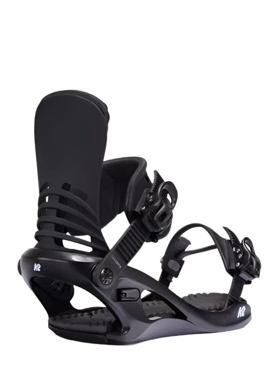 K2 Cassette snowboard binding, black and gray, features a sleek design for women.