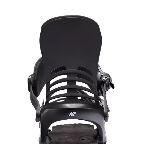 K2 Cassette snowboard binding, black with white accents, features a distinctive design.