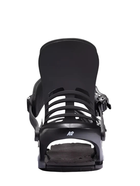 K2 Cassette snowboard binding, black with white accents, features a distinctive design.