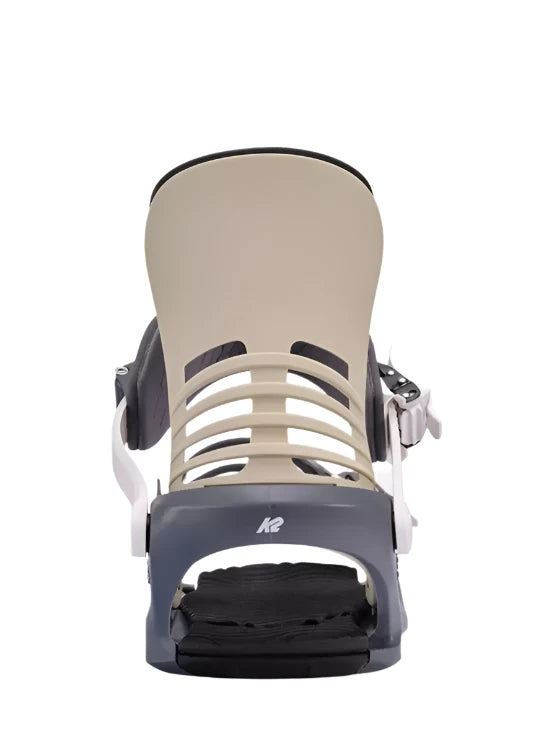 K2 Cassette snowboard binding, a white and navy blue design with a distinctive strap pattern.