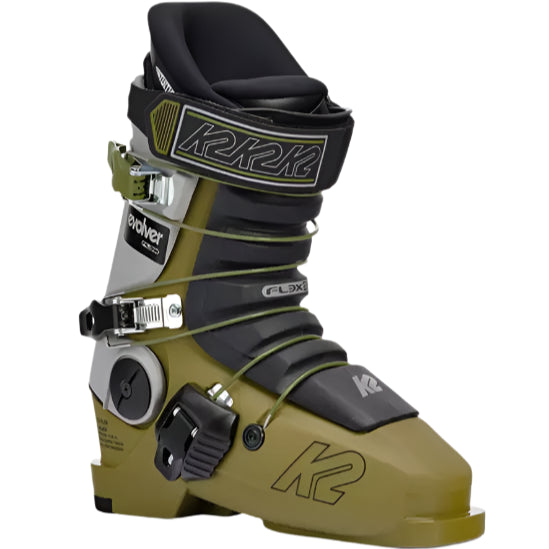 K2 Evolver ski boots, a yellow-green design with black accents and visible hardware.