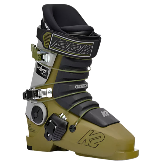 K2 Evolver ski boots, a yellow-green design with black accents and visible hardware.