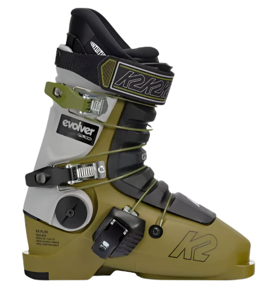 K2 Evolver 2025 junior ski boots feature a green and white color scheme with distinctive black accents.