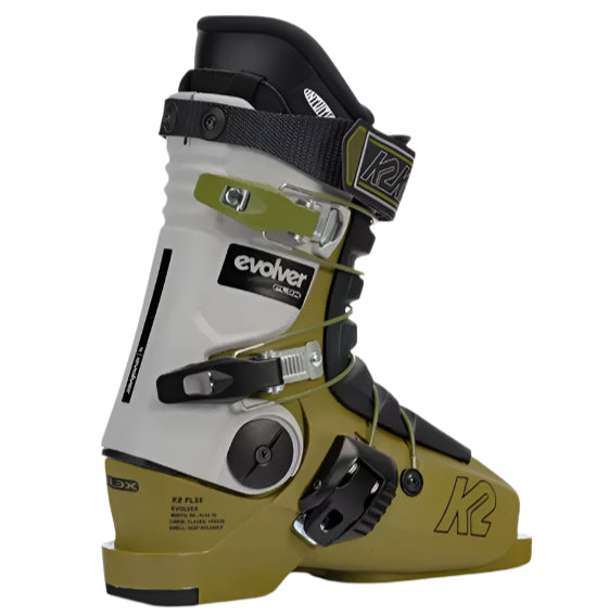 K2 Evolver ski boots feature a green and black design with visible buckles and straps.