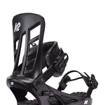 Black K2 Indy snowboard binding with a sleek design and visible branding.