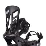 Black K2 Indy snowboard binding with a sleek design and visible branding.