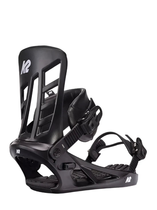 Black K2 Indy snowboard binding with a sleek design and visible branding.