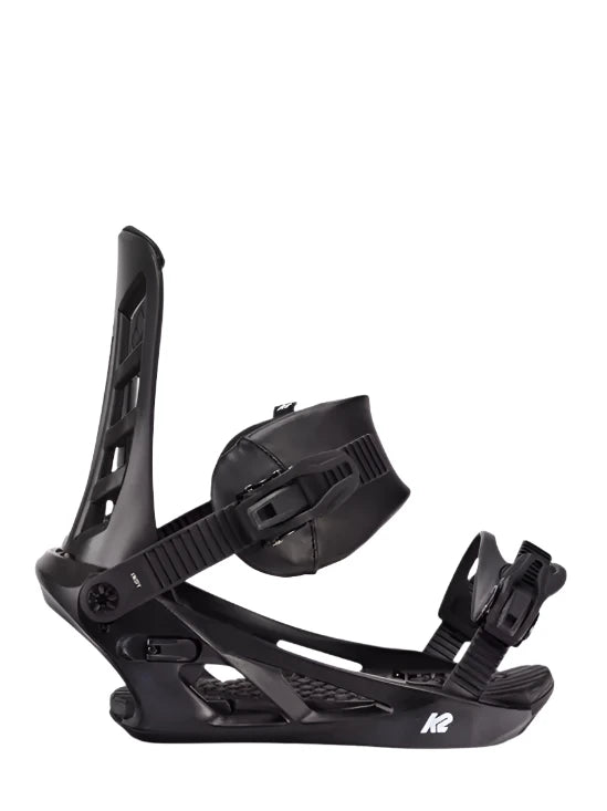 Black K2 Indy snowboard binding with a distinctive design and adjustable straps.