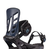 Black K2 Indy snowboard binding with blue accents and a distinctive baseplate design.