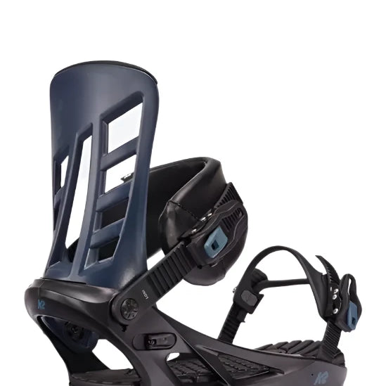 Black K2 Indy snowboard binding with blue accents and a distinctive baseplate design.