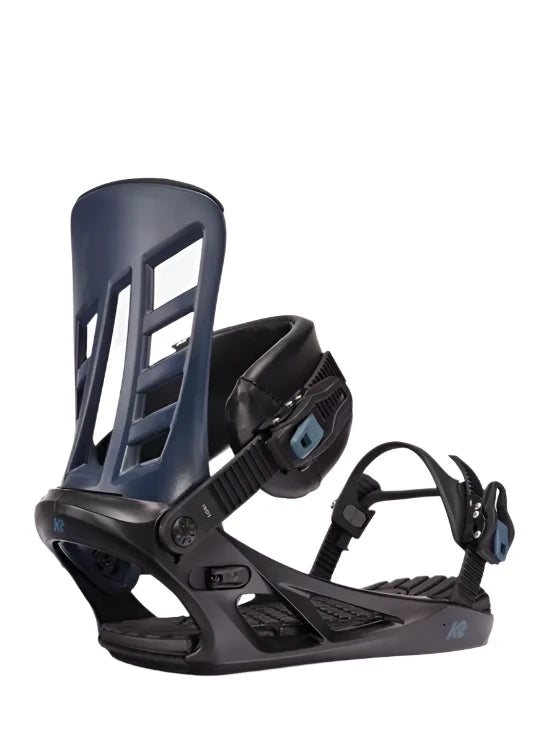 Black K2 Indy snowboard binding with blue accents and a distinctive baseplate design.