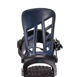 K2 Indy snowboard binding, black and blue, features a distinctive design.