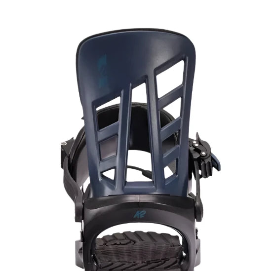 K2 Indy snowboard binding, black and blue, features a distinctive design.