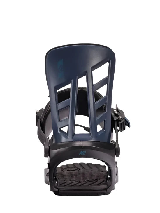 K2 Indy snowboard binding, black and blue, features a distinctive design.