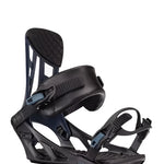 Black K2 Indy snowboard binding with blue accents and a distinctive baseplate design.