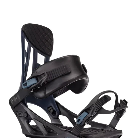 Black K2 Indy snowboard binding with blue accents and a distinctive baseplate design.