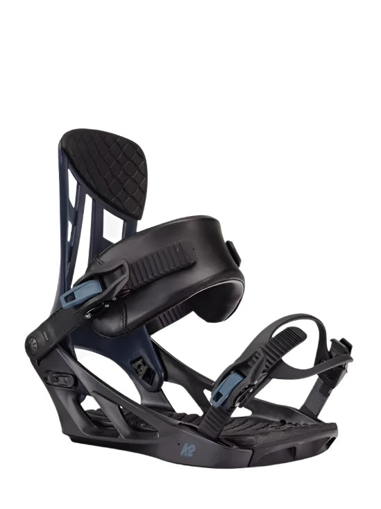 Black K2 Indy snowboard binding with blue accents and a distinctive baseplate design.