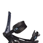 Black and blue K2 Indy snowboard binding with a distinctive design.