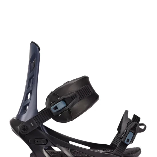 Black and blue K2 Indy snowboard binding with a distinctive design.