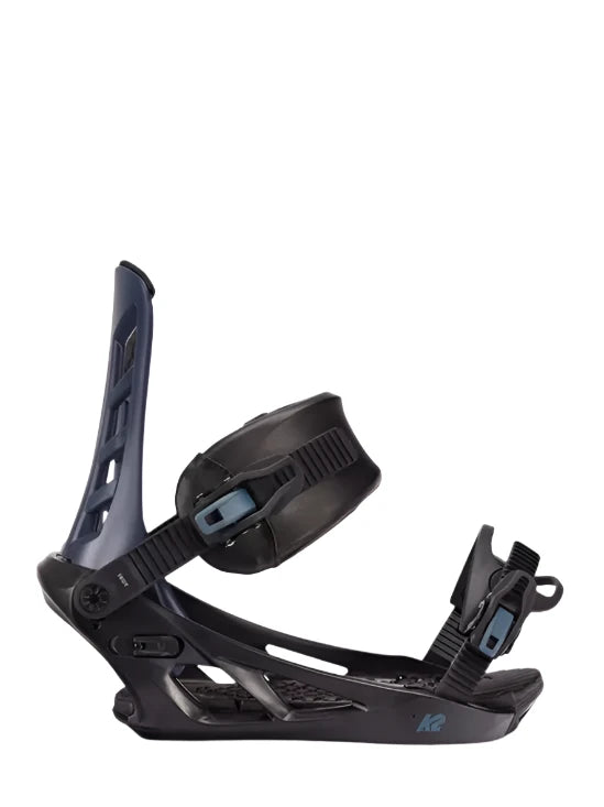 Black and blue K2 Indy snowboard binding with a distinctive design.