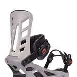 K2 Indy 2025 snowboard binding features a white base with red accents and black straps.