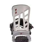 K2 Indy 2025 snowboard binding, white base with black straps and red accents.