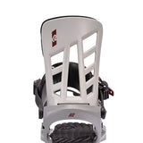 K2 Indy 2025 snowboard binding, white base with black straps and red accents.