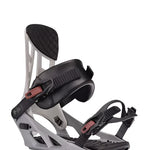 K2 Indy 2025 snowboard binding features a gray base with black and pink accents.