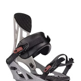 K2 Indy 2025 snowboard binding features a gray base with black and pink accents.