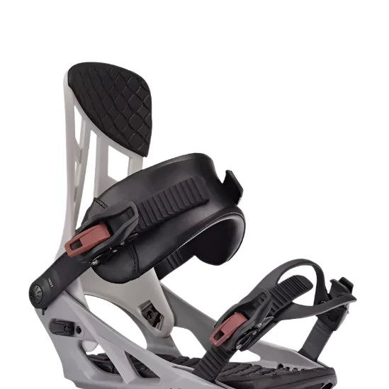 K2 Indy 2025 snowboard binding features a gray base with black and pink accents.