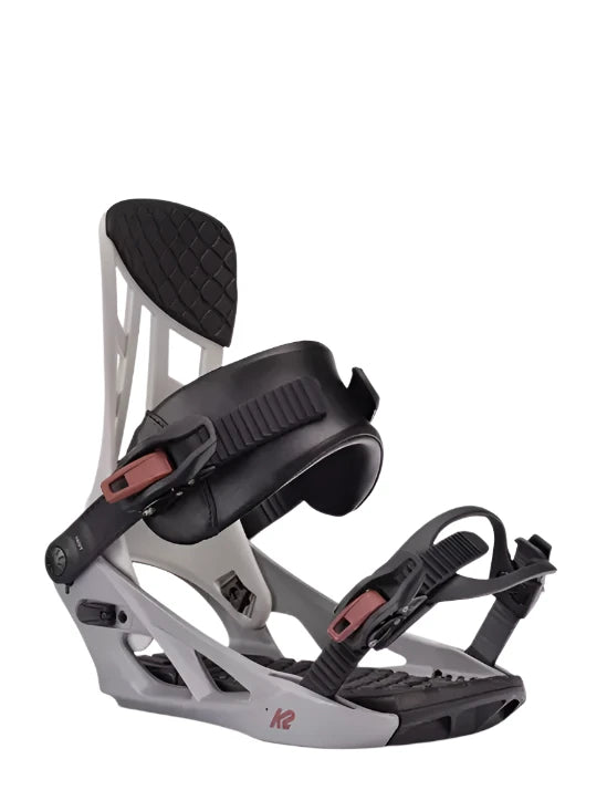 K2 Indy 2025 snowboard binding features a gray base with black and pink accents.