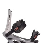 K2 Indy snowboard binding, white with black accents, features a distinctive design.