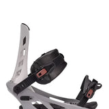 K2 Indy snowboard binding, white with black accents, features a distinctive design.