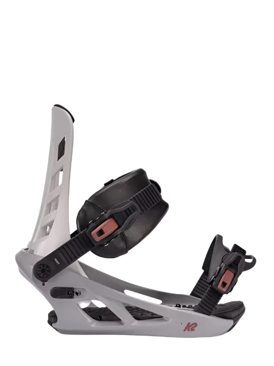 K2 Indy snowboard binding, white with black accents, features a distinctive design.