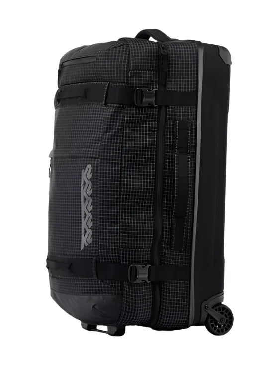 K2 Luggage Roller Bag 2025, a black, textured suitcase with multiple compartments and wheels.