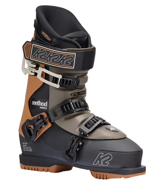 K2 Method ski boots feature a black and gray color scheme with distinctive red accents.