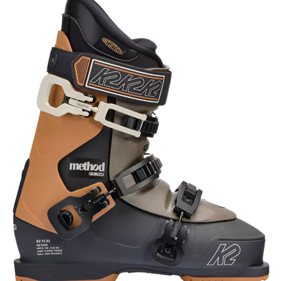 K2 Method ski boots feature a gray and orange color scheme with prominent branding.