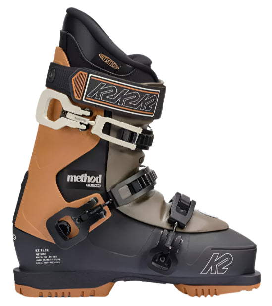 K2 Method ski boots feature a gray and orange color scheme with prominent branding.