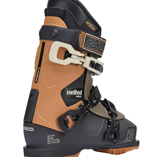 K2 Method 2025 ski boots feature a distinctive gray and orange design.