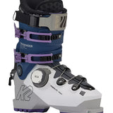 K2 Mindbender 105 BOA ski boots feature a white and purple color scheme with distinctive design elements.
