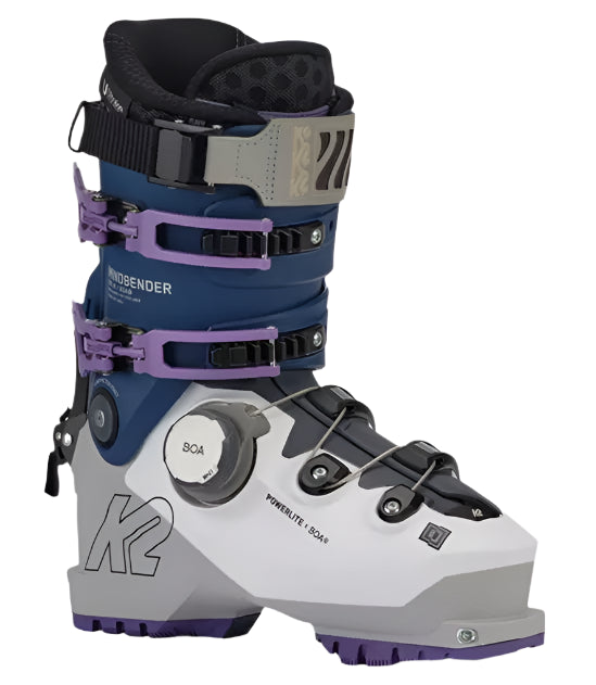 K2 Mindbender 105 BOA ski boots feature a white and purple color scheme with distinctive design elements.