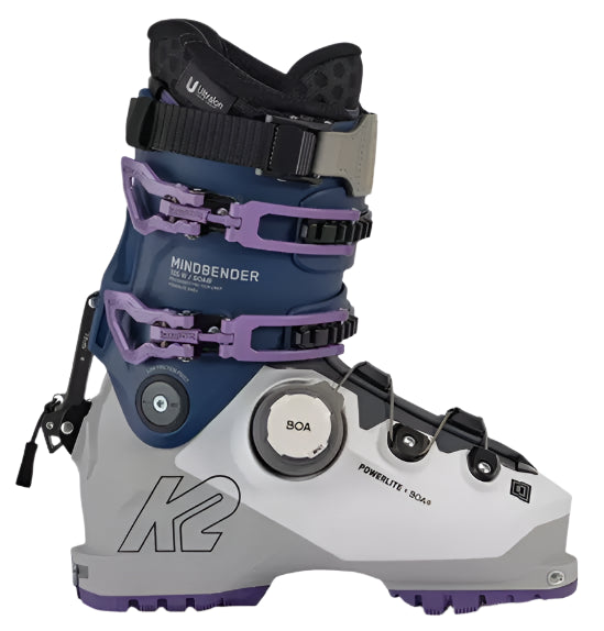 K2 Mindbender 105 BOA ski boots feature a blue and white color scheme with visible BOA dial.
