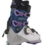 K2 Mindbender 105 BOA ski boots feature a white and purple design with visible BOA adjustment dials.