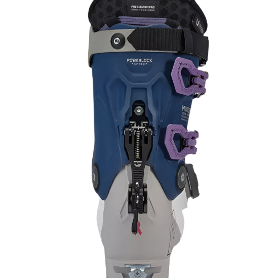 K2 Mindbender 105 BOA ski boots feature a blue and white design with purple accents.