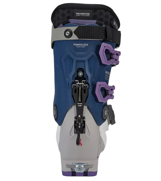 K2 Mindbender 105 BOA ski boots feature a blue and white design with purple accents.
