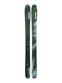 K2 Women's Mindbender 106C skis, 2025 model, feature a distinctive green and purple graphic design.